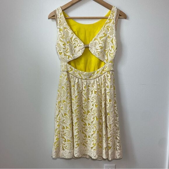 Anthropologie Greylin Valencia Lace Fit and Flare Yellow and White Cotton Dress - Picture 3 of 12